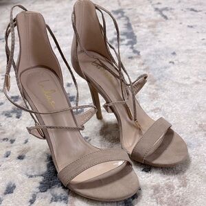 Lulus “Aimee” strappy sandals light beige suede